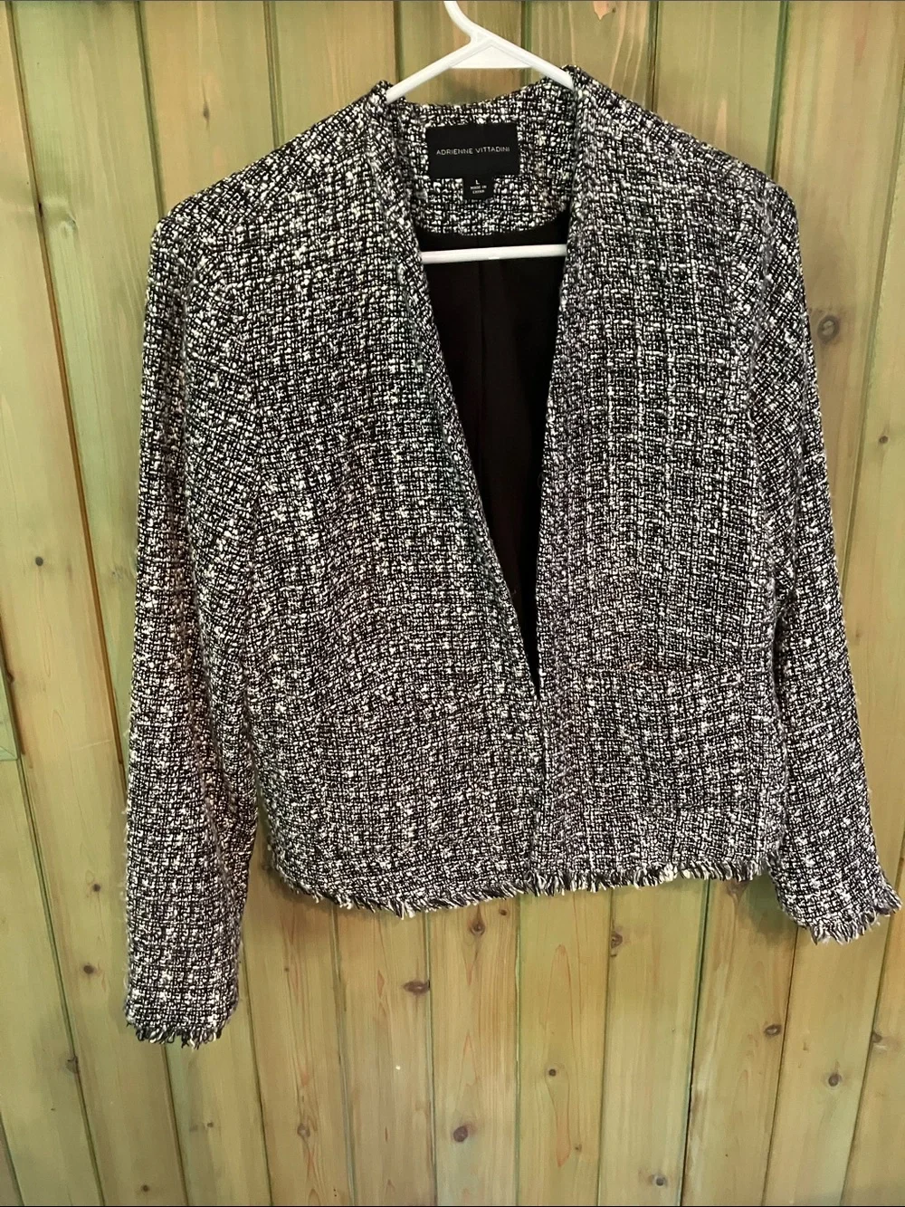 Adrienne Vittadini Women’s Sz L Black & White Tweed Pattern Open Front Jacket
